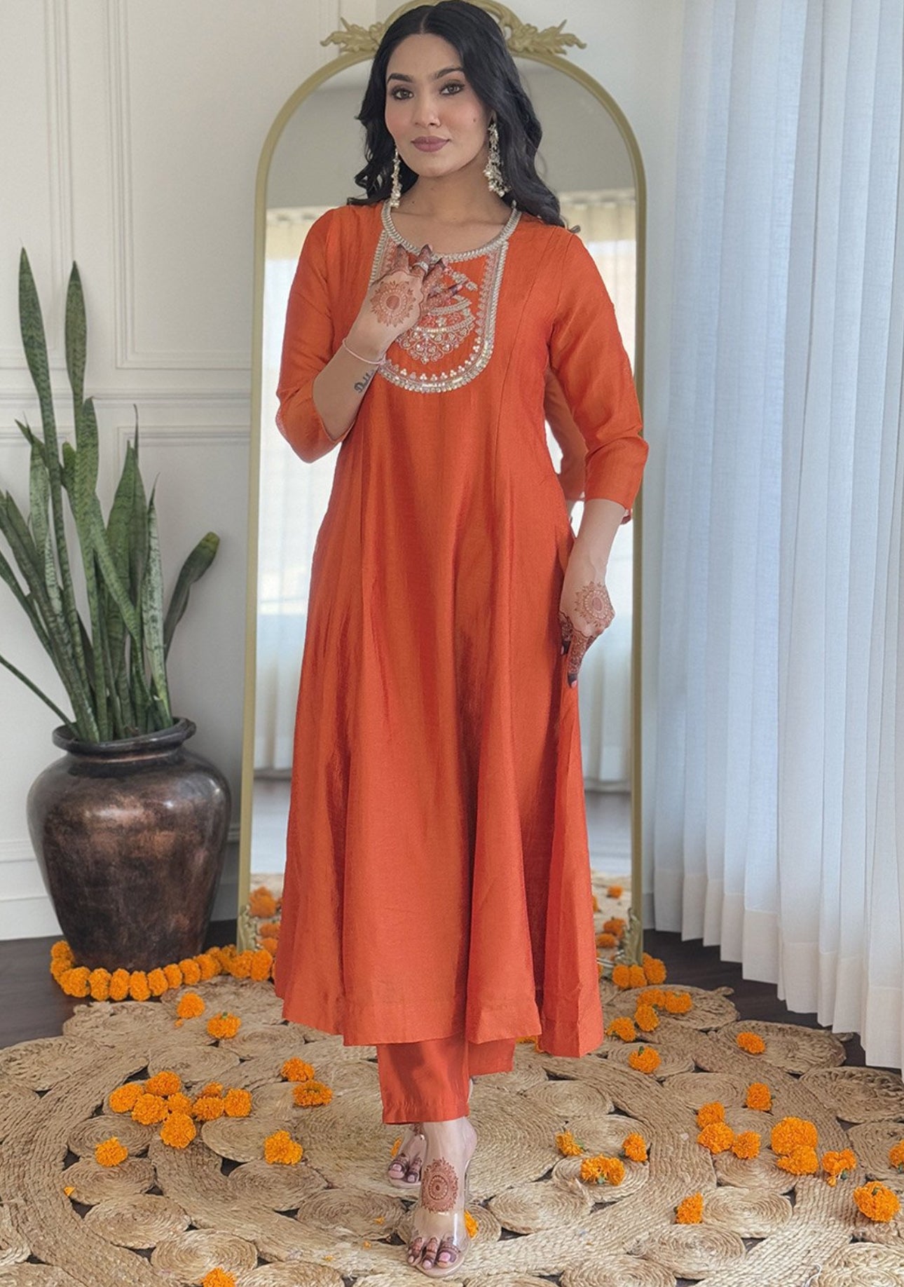 Orange Silk Embroidered Anarkali Kurta With Trousers & Dupatta