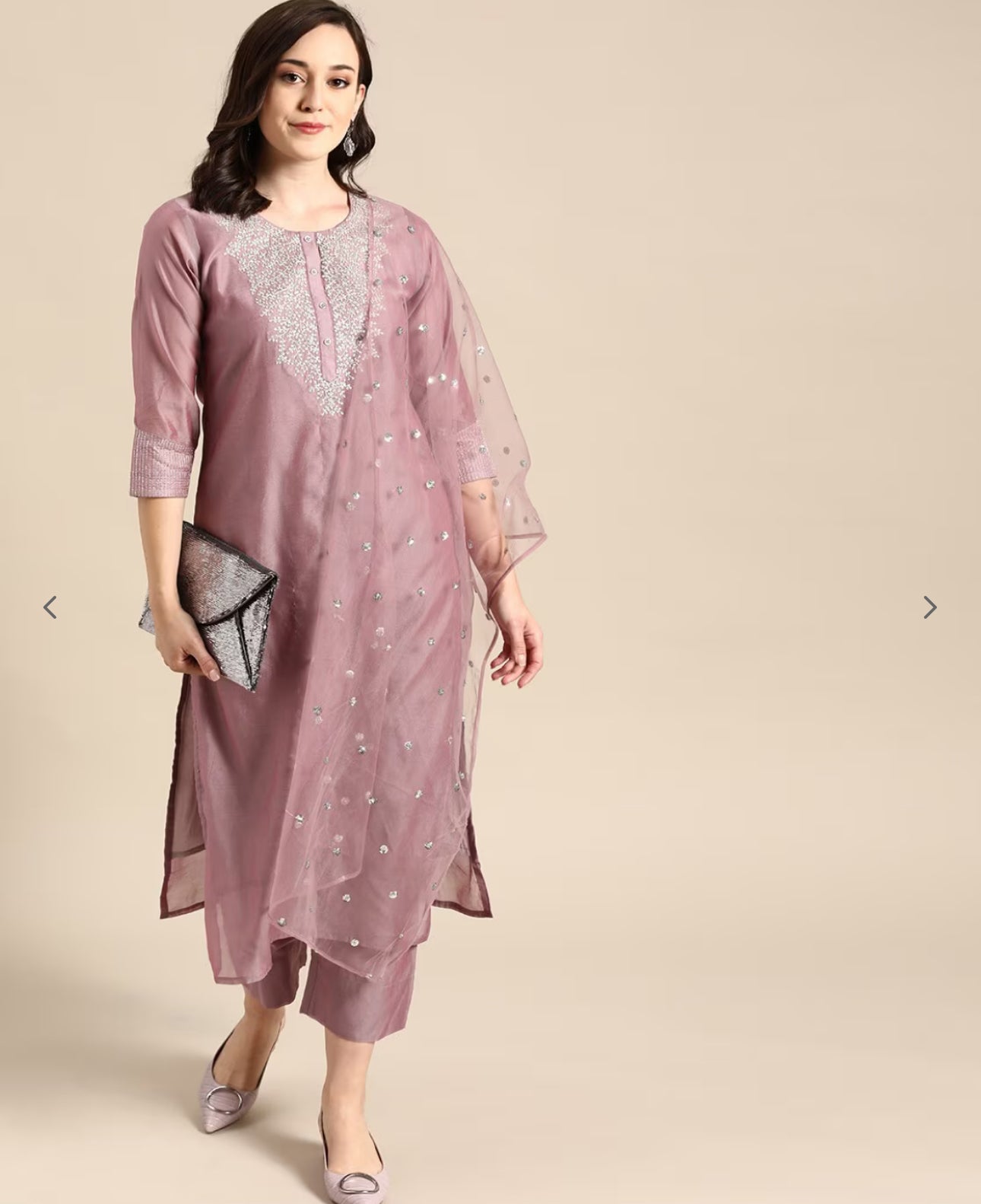 Women Mauve Zari Yoke Design Chanderi Silk Kurta with Trousers & Dupatta