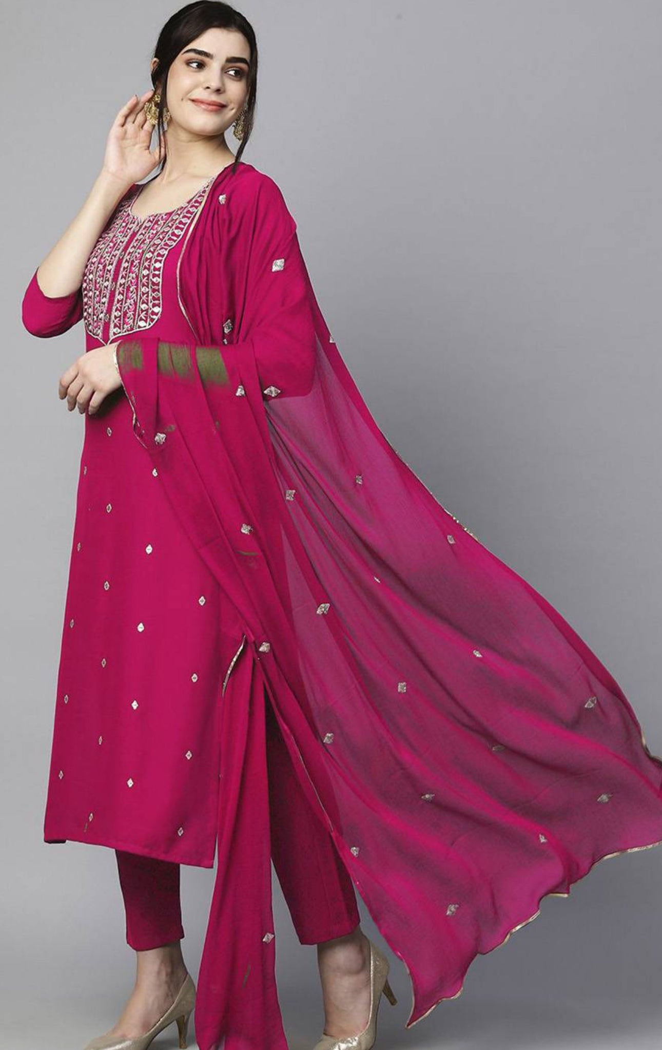 Women's Pink Embroidered Straight Kurta with Trouser & Dupatta