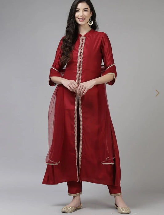 women Maroon etnic motifs Solid kurti set
