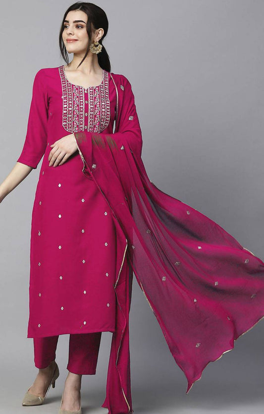 Women's Pink Embroidered Straight Kurta with Trouser & Dupatta
