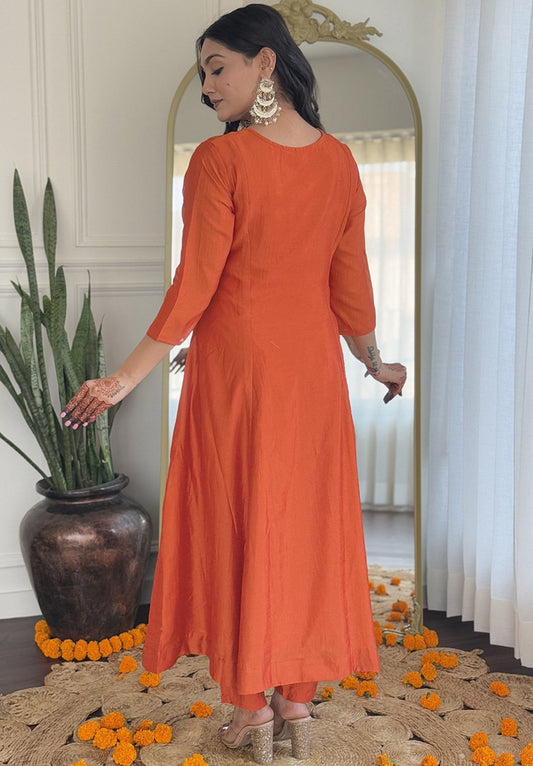 Orange Silk Embroidered Anarkali Kurta With Trousers & Dupatta