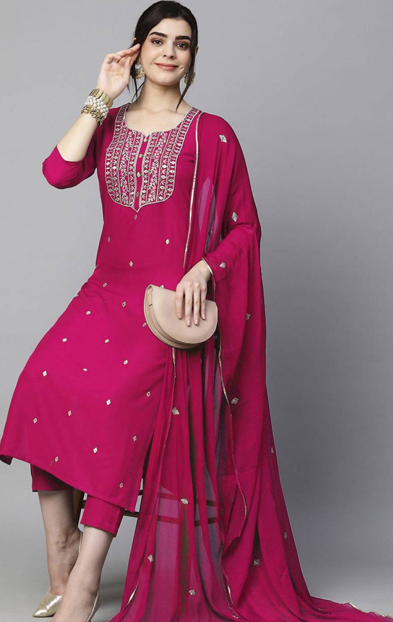 Women's Pink Embroidered Straight Kurta with Trouser & Dupatta