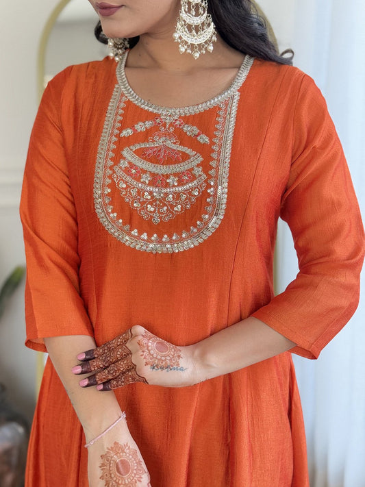 Orange Silk Embroidered Anarkali Kurta With Trousers & Dupatta