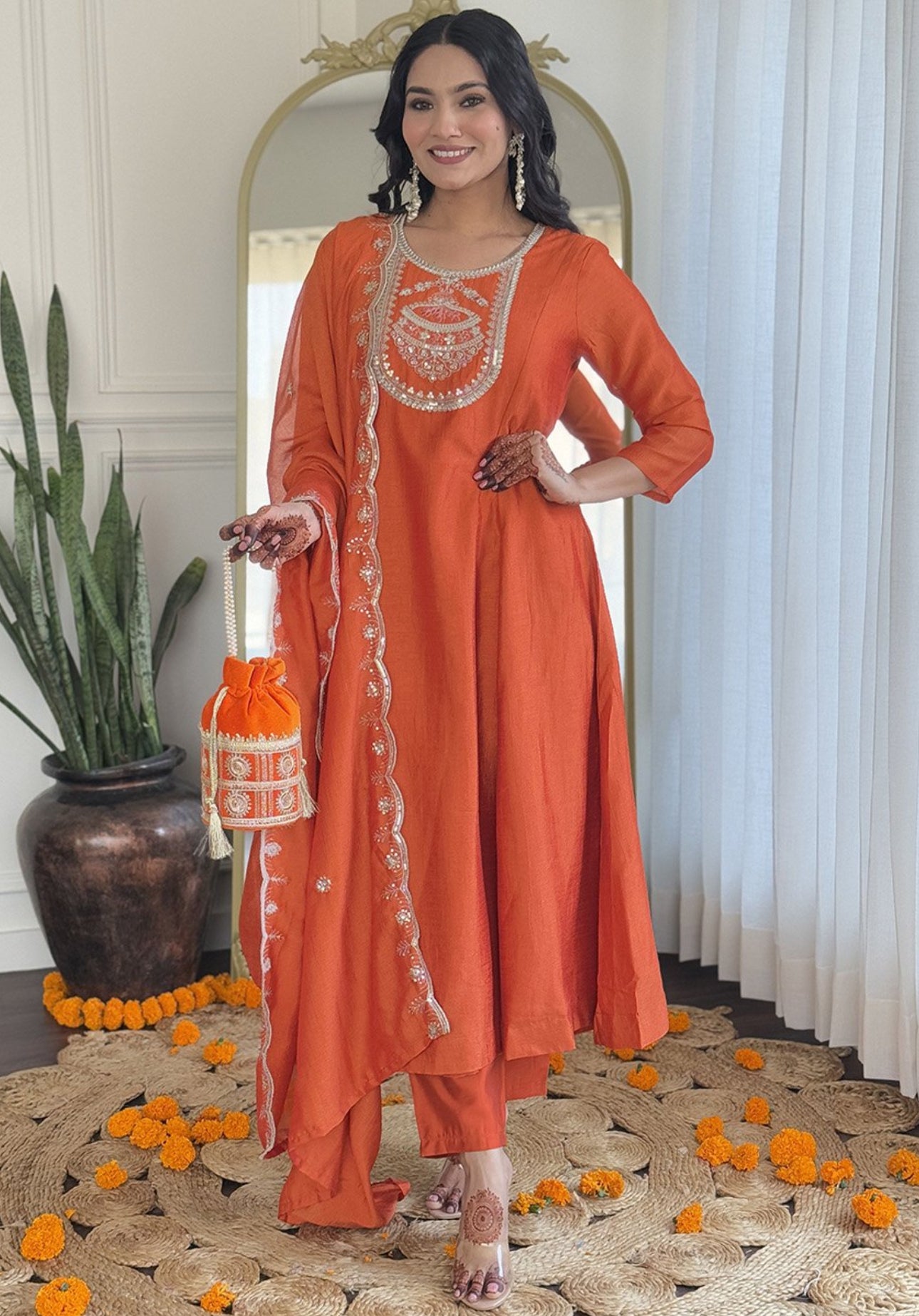 Orange Silk Embroidered Anarkali Kurta With Trousers & Dupatta