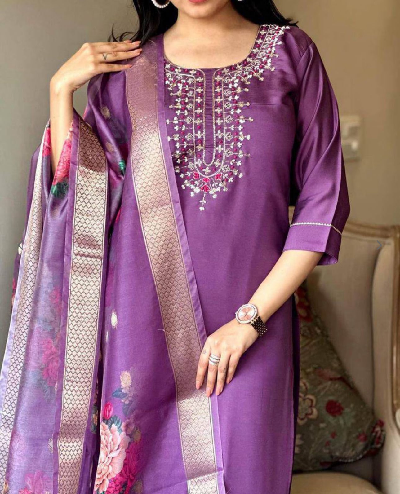 Embroidered Viscose Chanderi Kurta Set