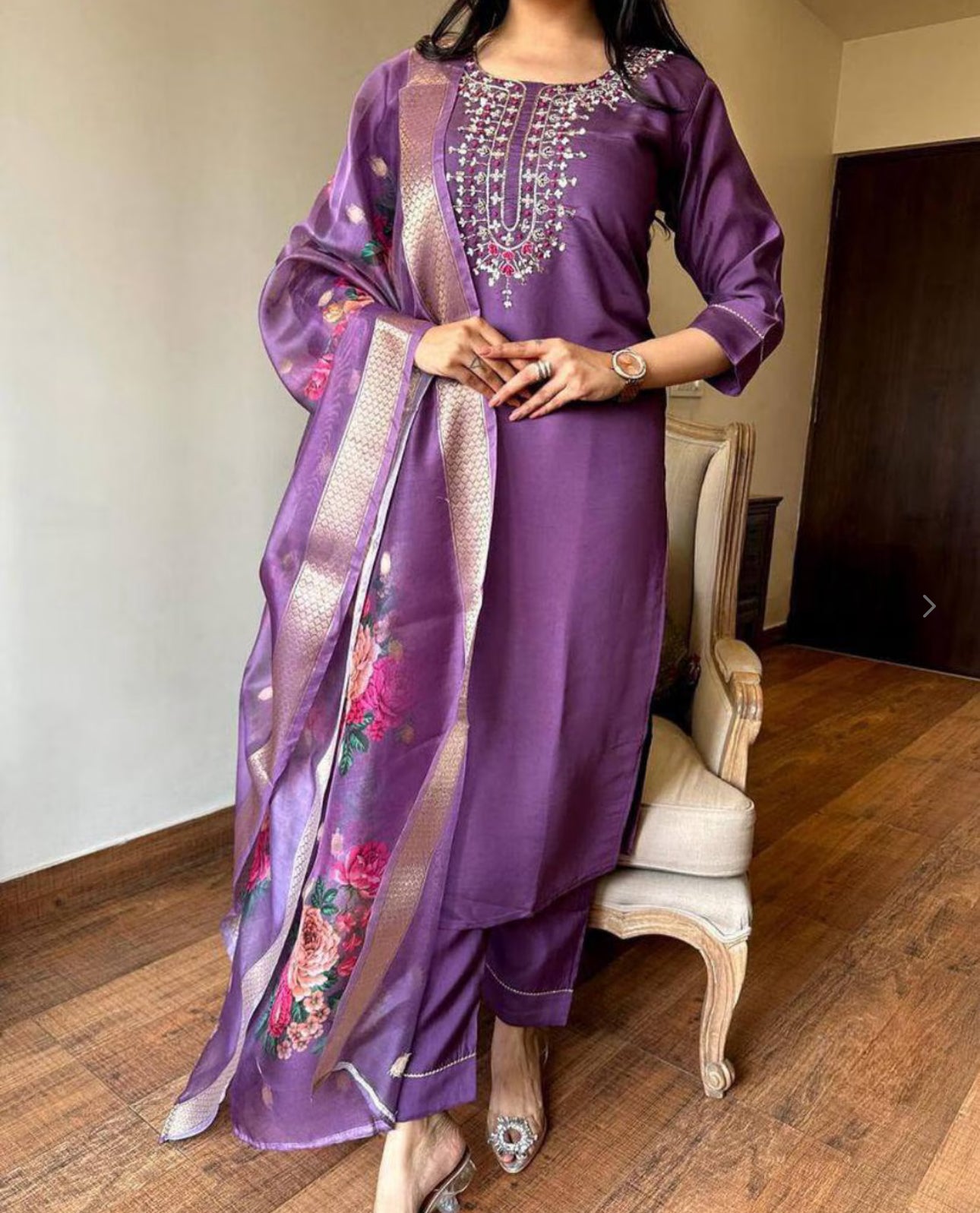 Embroidered Viscose Chanderi Kurta Set