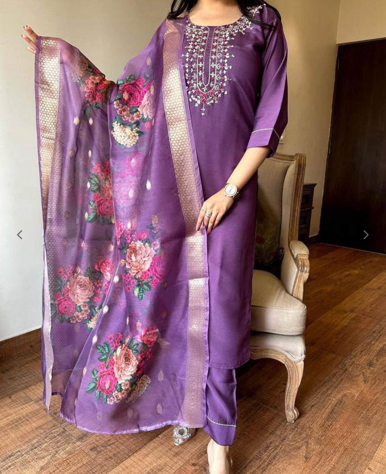 Embroidered Viscose Chanderi Kurta Set