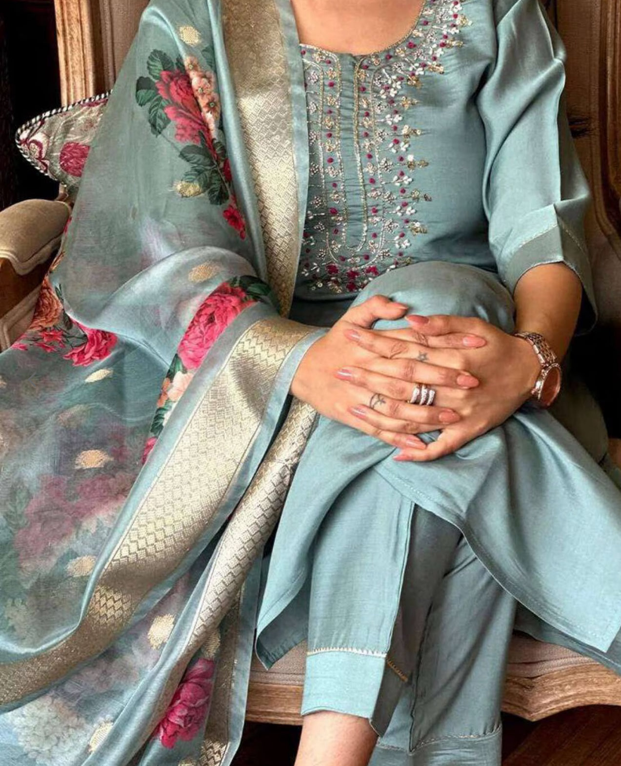 Embroidered Viscose Chanderi Kurta Set