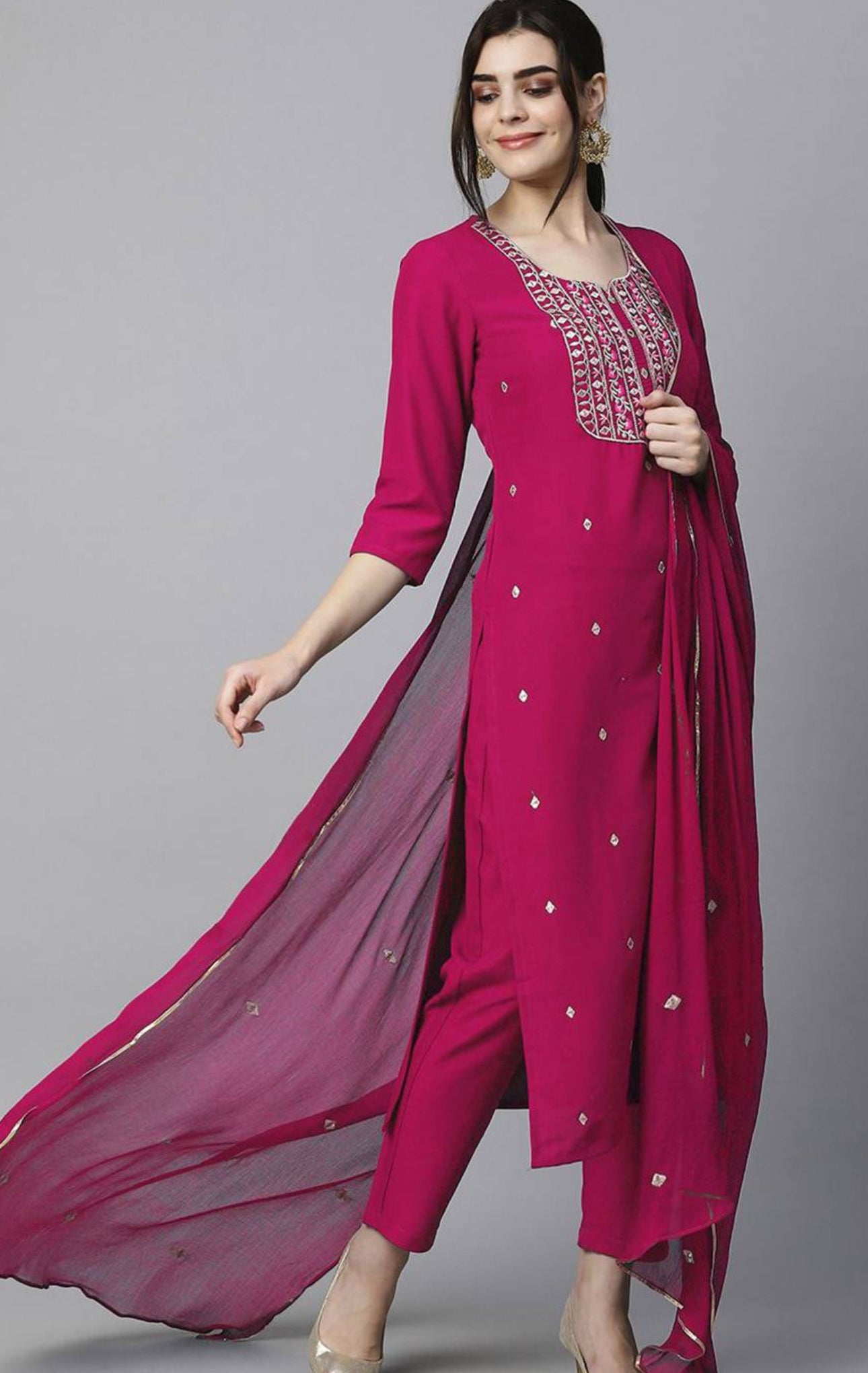 Women's Pink Embroidered Straight Kurta with Trouser & Dupatta
