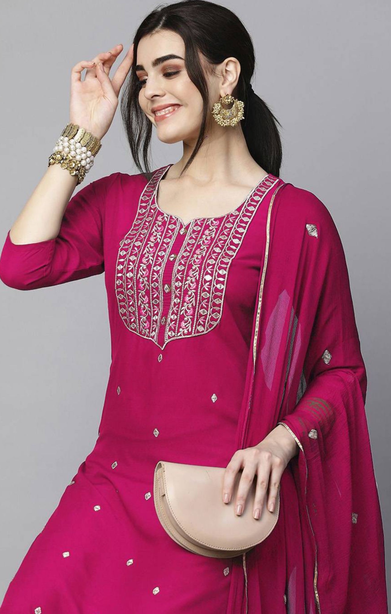 Women's Pink Embroidered Straight Kurta with Trouser & Dupatta