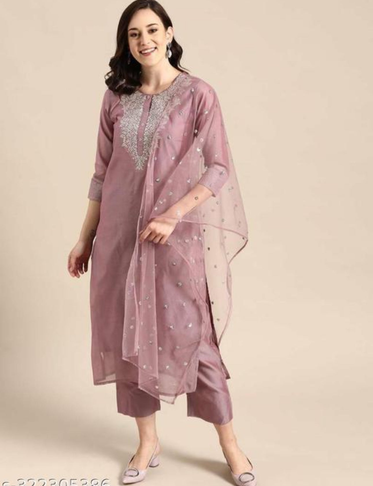 Women Mauve Zari Yoke Design Chanderi Silk Kurta with Trousers & Dupatta