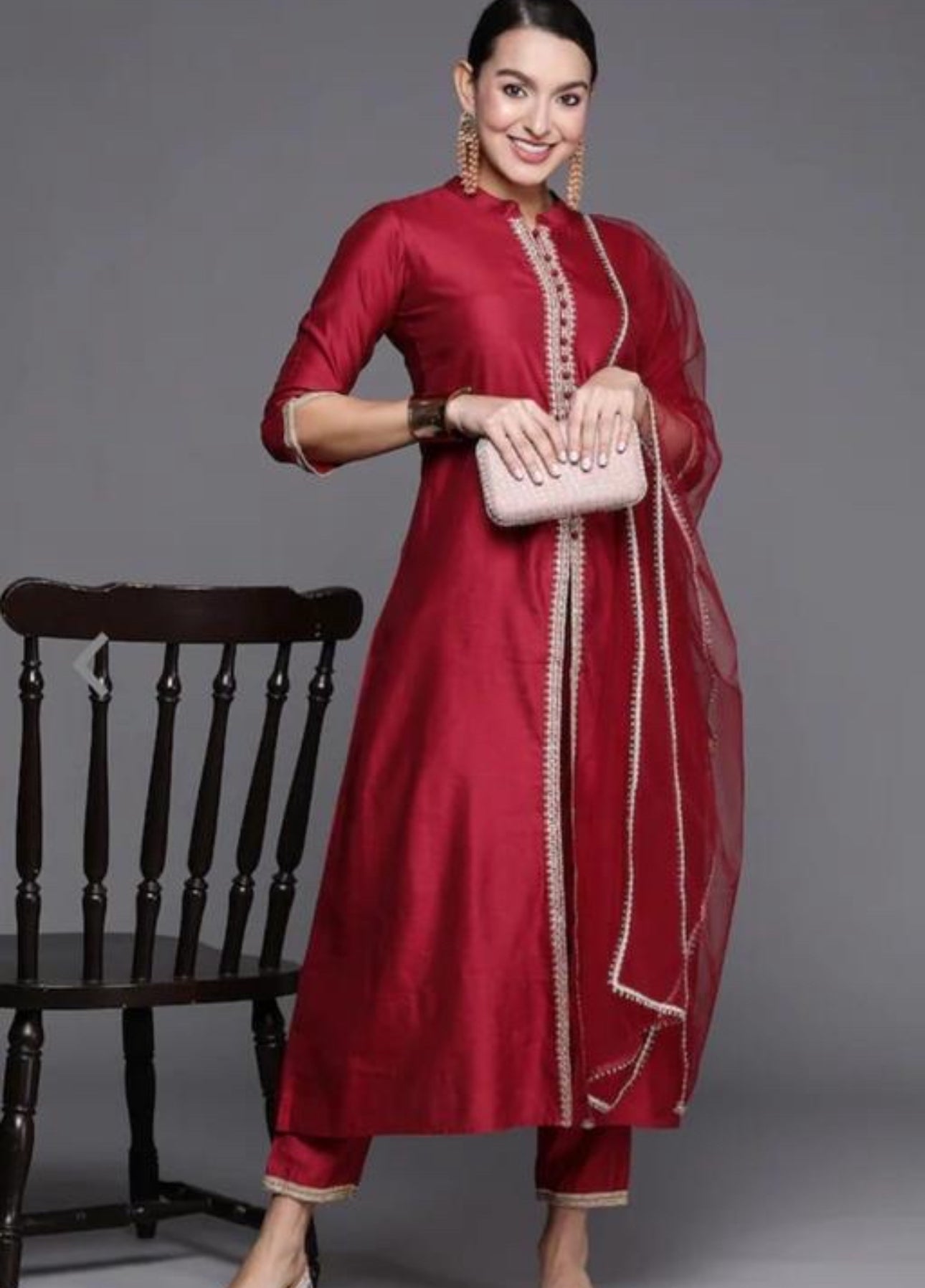 women Maroon etnic motifs Solid kurti set