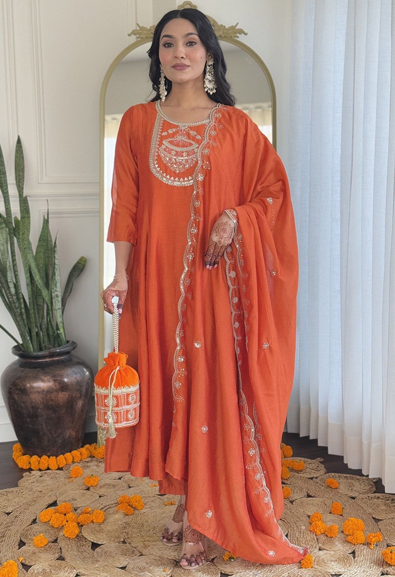 Orange Silk Embroidered Anarkali Kurta With Trousers & Dupatta