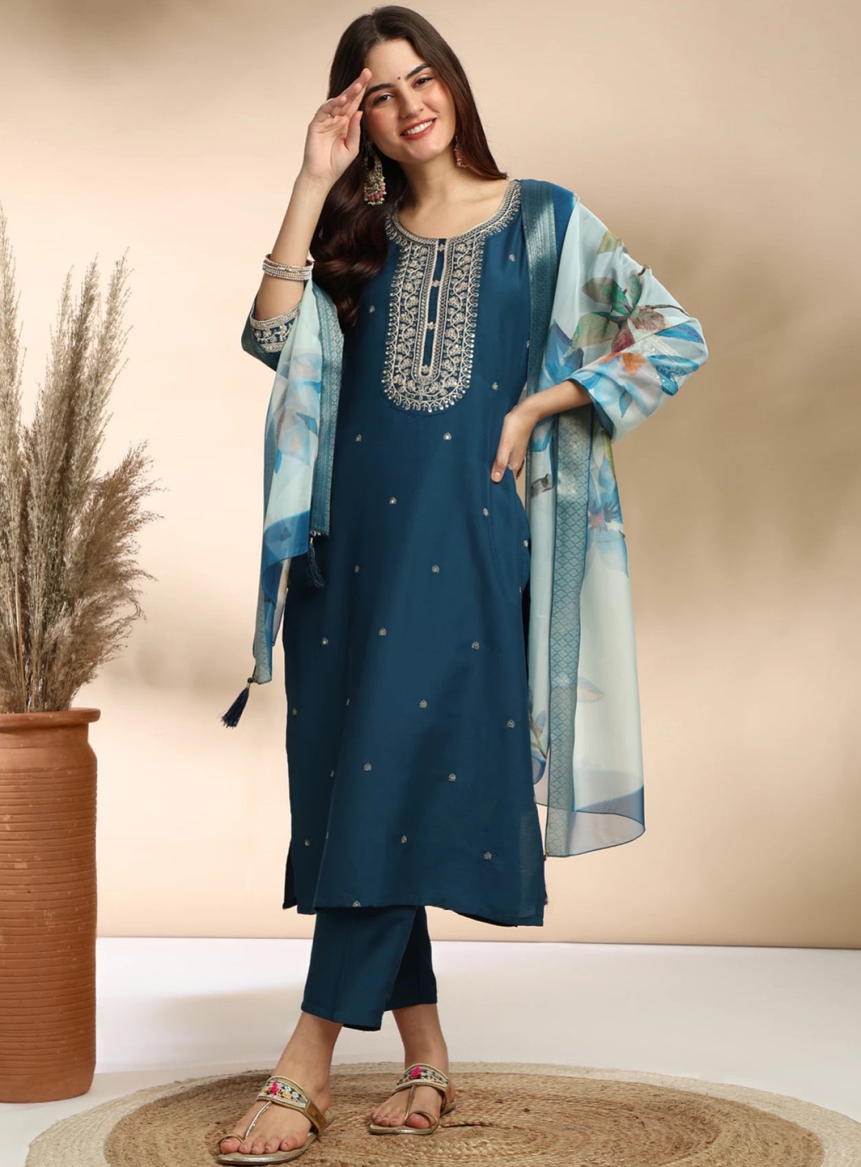 FANCY REYON SLUB KURTA SET WITH DUPATTA