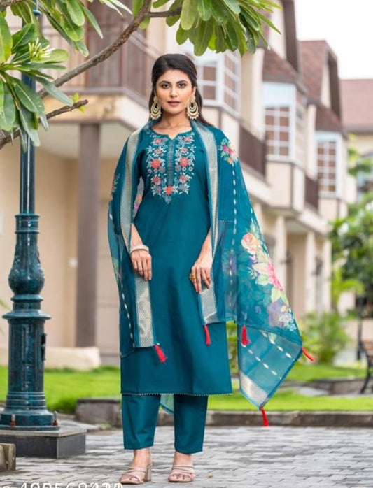 Women's Teal Rayon Slub Embroidered Straight Kurta Pant with Dupatta