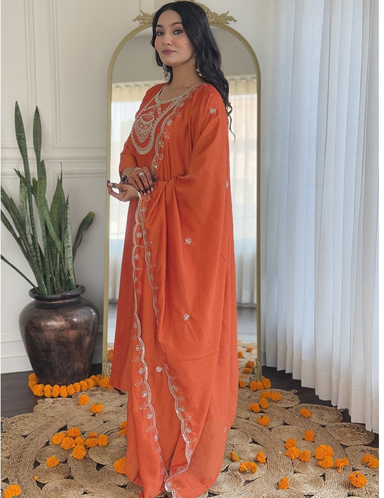 Orange Silk Embroidered Anarkali Kurta With Trousers & Dupatta